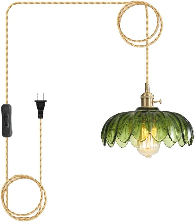 Plug in Pendant Light with Green Glass Lamp Shade Brass Vintage Hanging Light Fixture Adjustable Chandelier for Kitchen Island Dining Room Bedroom Living Room Hallway (Green)