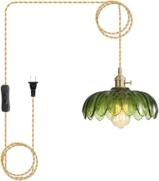 Plug in Pendant Light with Green Glass Lamp Shade Brass Vintage Hanging Light Fixture Adjustable Chandelier for Kitchen Island Dining Room Bedroom Living Room Hallway (Green)