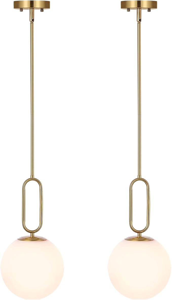 Modern Gold Globe Pendant Light White Globe Glass Shade 2 Pack Brushed Brass Finished Adjustable Rods Hanging Light Fixtures for Kitchen Island Living Room