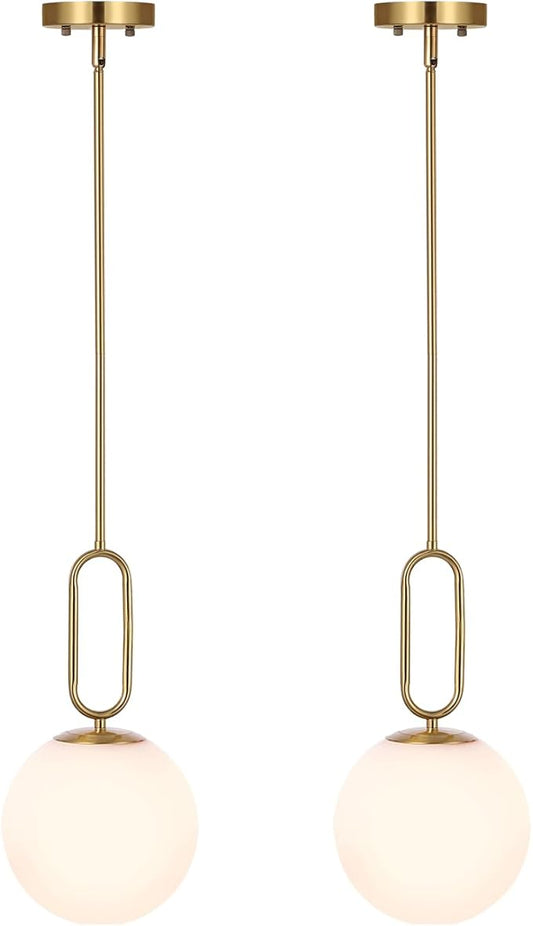 Modern Gold Globe Pendant Light White Globe Glass Shade 2 Pack Brushed Brass Finished Adjustable Rods Hanging Light Fixtures for Kitchen Island Living Room
