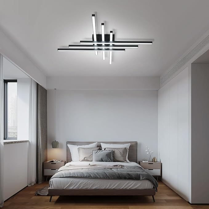 Modern LED Ceiling Lights 43.3" Black Flush Mount Ceiling Light Fixture Sputnik Dimmable Ceiling Lights with Remote Control for Bedroom Living Room Kitchen Room(6 Lights)
