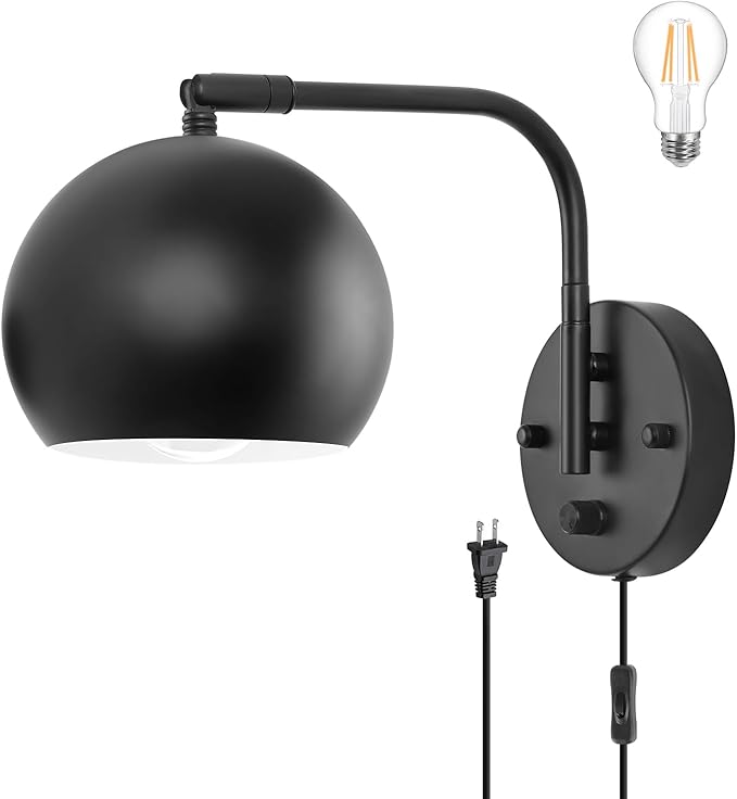 VATONI Plug in Wall Sconces, Dimmable Wall Sconce Swing Arm Wall Lights with Plug in Cord and Dimmer On/Off Knob Switch, Black Globe Wall Light for Bedside Bedroom Bathroom(1 Bulb Included)