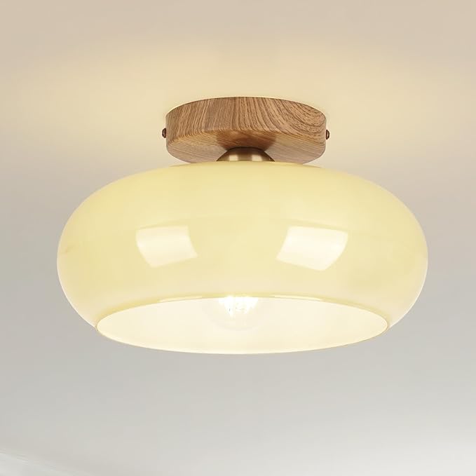 Mid Century Modern Schoolhouse Semi Flush Mount Ceiling Light, Cream Glass Lamp with Wood Grain Metal Base, Rustic Farmhouse Lighting Fixture for Bedroom, Hallway, Dining, Living, Entryway