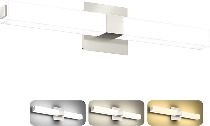 ZUZITO 24in Modern Bathroom Vanity Light, 3CCT Dimmable Nickel LED Vanity Lights Bar, 18W Bathroom Lighting Fixtures Above Mirror 3000K/4500K/6000K Selectable