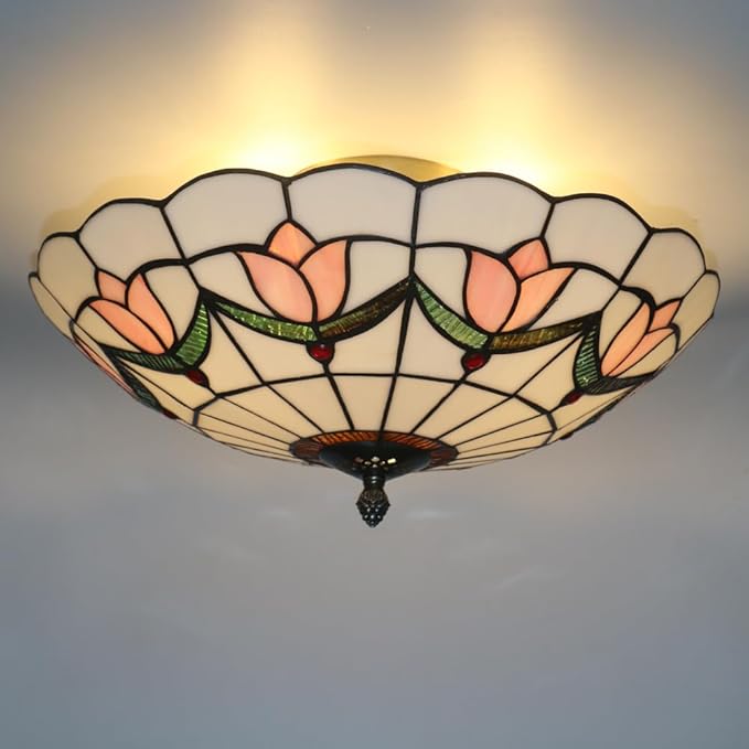 16 Inch Tiffany Style Stained Glass Ceiling Light Flush Mount Ceiling Light Vintage Chandeliers Pendent Light Fixtures (16 Inch Pink)