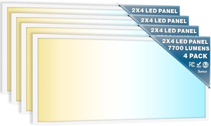 Sunco 2x4 LED Flat Panel Light Drop Ceiling Office Fixture, 7700 LM, Selectable Features, 40W/50W/60W, 4000K/5000K/6000K, Dimmable (0-10V), Dustproof ETL 4 Pack