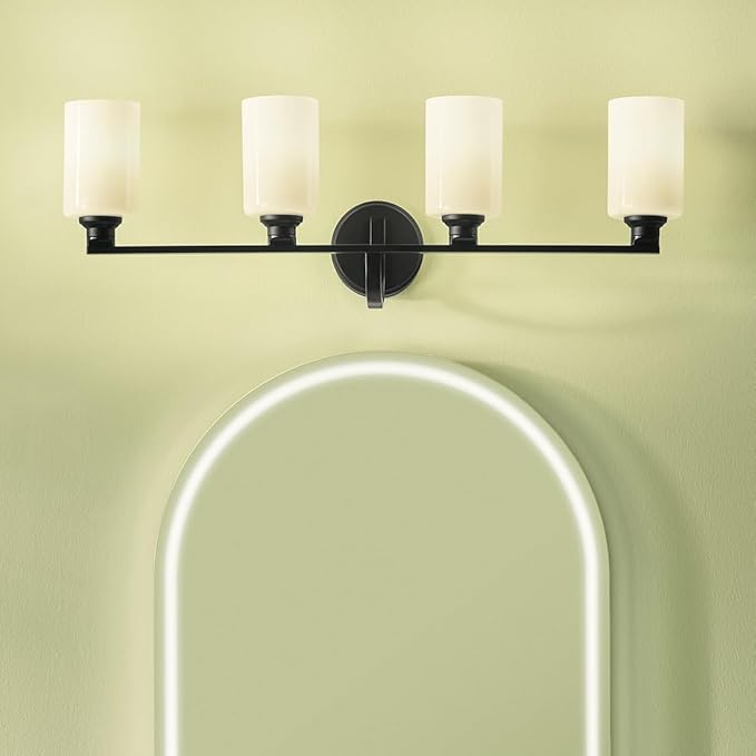 Kichler Gioe 4-Light Bathroom Vanity Light Fixture with Opal Glass in Black, Modern Wall Mount Over Mirror Lighting for Powder Room (32.25" W x 10.5" H), 55227BK