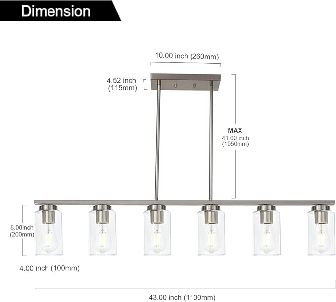 TODOLUZ 6-Light Kitchen Island Lighting with Clear Glass Shades, Modern Linear Pendant Light Fixture for Dining Room Pool Table, Brushed Nickel Finish