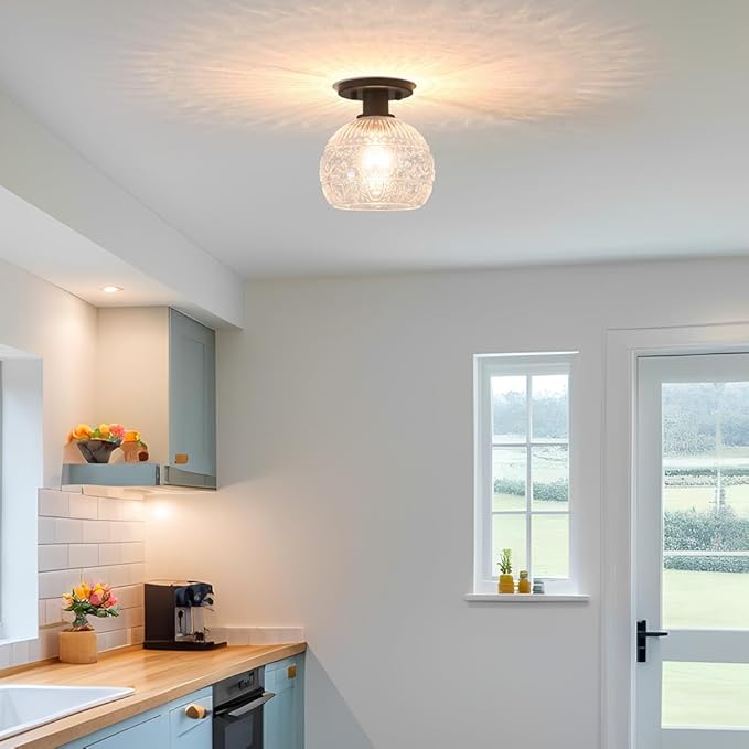 7.09in Semi Flush Mount Ceiling Light Fixture, Vintage Flush Mount Ceiling Light with Glass, Goble Hallway Light Fixtures, Black Bathroom Ceilings Light Overhead Lighting for Porch Corridor Closets