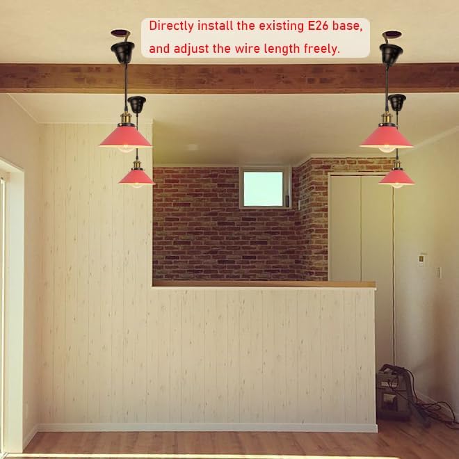 1 Pcs Ceiling Lights Conversion Pendant E26 Base Connections Adjusted Wire Length Cone Metal Red Lampshade Industrial Style Conversion Kit for E26 Ceiling Lamp Fixtures