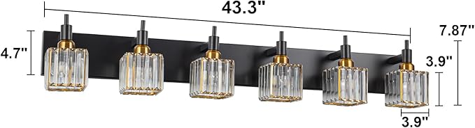 6-Lights Crystal Bathroom Vanity Light Black Gold Modern Bathroom Lighting Fixtures Over Mirror, Wall Light Fixtures