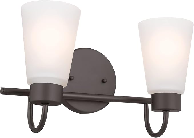 Kichler Erma 2-Light Bathroom Vanity Light Fixture with Satin Etched Glass Shades, Updated Traditional Wall Sconce in Olde Bronze for Mirror (13.5" x 8.5" x 6"), 55125OZ