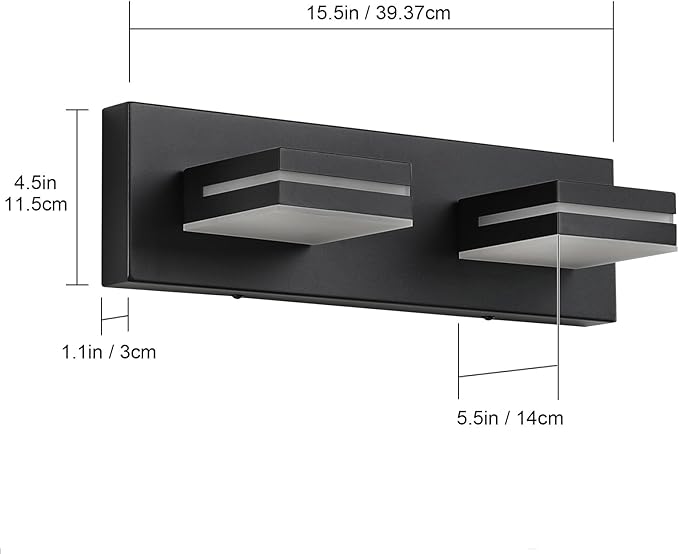 SineRise LED Modern Bathroom Vanity Light Fixtures (2-Light, 15.5-Inch, Dimmable), Matte Black Modern Acrylic Bathroom Wall Lighting Fixtures Over Mirror (Cool White 6000K)