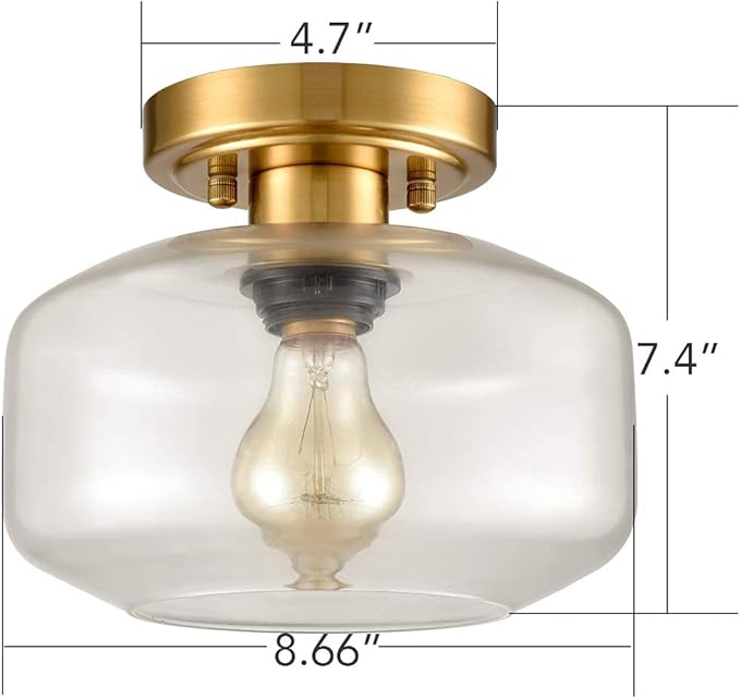 Modern Small Semi Flush Mount Ceiling Light Glass Brass Gold Ceiling Lights Hallway Fixtures, 1-Light