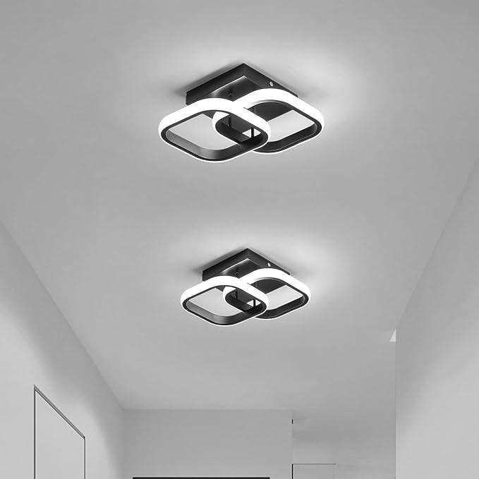 Small LED Hallway Ceiling Light, 2 Square Frames Modern Ceiling Light, 6500K Flush Mount Ceiling Light Fixtures for Hallway Living Room Bedroom Kitchen Closet, Black
