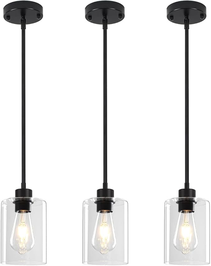 3 Pack Black Pendant Lights Kitchen Island, Modern Glass Pendant Lighting Over Island Kitchen Hanging Dining Room Light Fixtures Adjustable Pendant Lights for Bathroom Hallway Entryway Bedroom