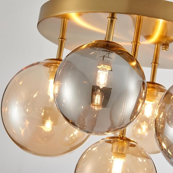 AGV LIGHTING Flush Mount Ceiling Light Fixture, Modern Bubble Glass Ceiling Light with Black Metal Frame, 5-Light G9 Base Gold Brass Ceiling Chandelier for Bedroom Living Room Kitchen Dining Room