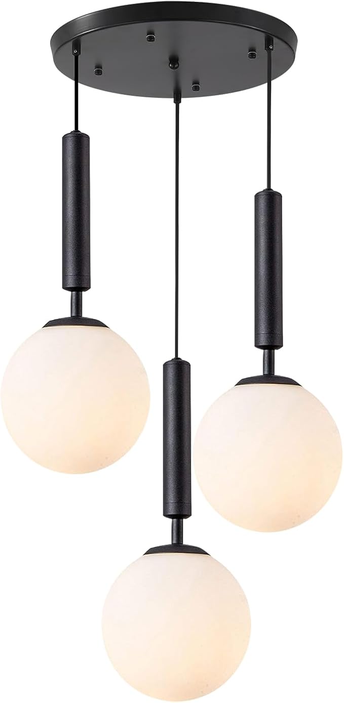 KCO Lighting 3 Light Globe Cluster Pendant Light Modern Large Milk Glass Chandelier Mid Century Black Cluster Chandelier Pendant Lighting Vintage Multi Light Hanging Ceiling Fixture