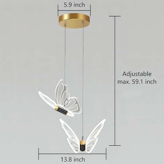 2 Lights Butterfly Black Pendant Light, 13.8 Inch LED Acrylic Hanging Lamp for Bedroom, Living Room, Kitchen Island (Black, Butterfly)