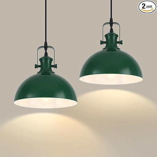 Green Farmhouse Pendant Light, 9.8 inches Industrial Pendant Light, Modern Pendant Lights for Kitchen Island Bedroom Living Room, 2 Pack