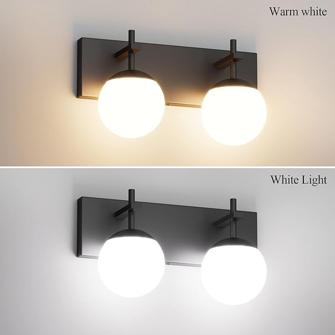 Ralbay Matte Black Bathroom Wall Light Fitures 2-Light Mid Century Modern Bathroom Lighting Black Milky Glass Globe Vanity Light for Bathroom