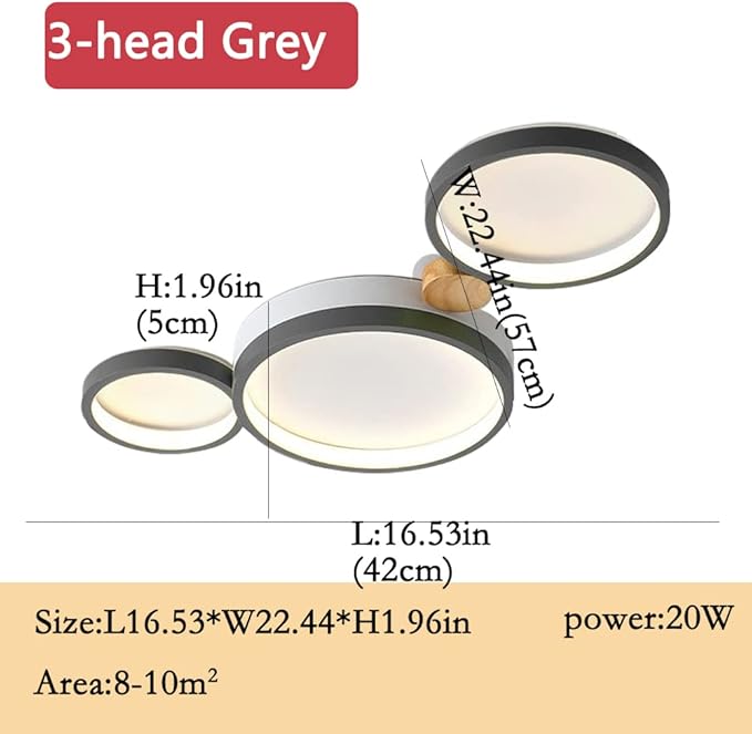 3-Lights LED Ceiling Light Fixture,22 Inch Modern Ceiling Lights Flush Mount Wooden 20W Dimmable Chandelier for Living Room Bedroom Kitchen,3000K/4000K/6000K Temperatures Selectable Grey