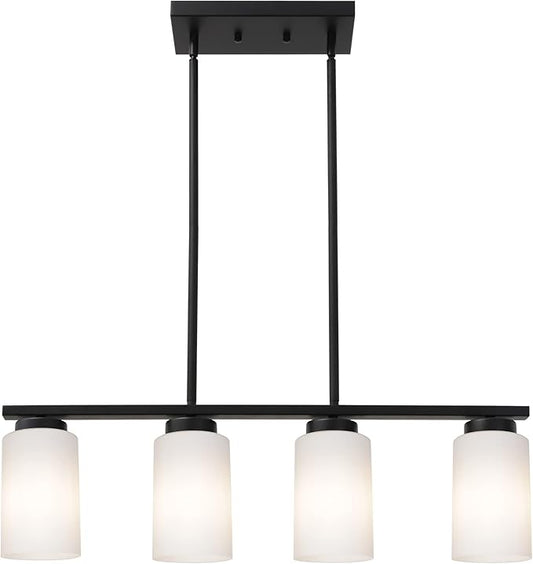 TODOLUZ Farmhouse Dining Room Pendant Light Fixtures in Black Finish, 4-Lights Island Lighting with Opal White Glass Shades for Kitchen
