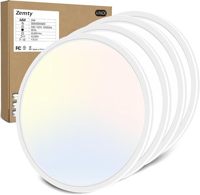 zemty 4Pack 12 Inch LED Ceiling Light Flush Mount, 24W 2640lm Super Slim Flush Mount Ceiling Lamp Fixtures, 3000K/3500K/4000K/5000K/6500K Selectable for Bedroom Bathroom Kitchen Living Room (White)