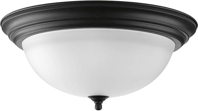 Progress Lighting 3-Light Ceiling Light, Flush Mount Ceiling Light Fixture for Interior Kitchen Lights, Hallway, Bedroom, Living Room, 15-1/4-Inch by 6-5/8-Inch, Forged Black, Alabaster Glass Shade