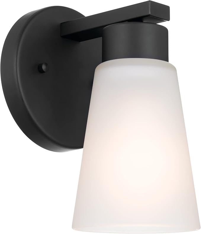 Kichler Stamos Wall Sconce 1-Light with Satin Etched Glass, Modern Bathroom or Hallway Light in Black, (8" H x 5" W x 6" D)