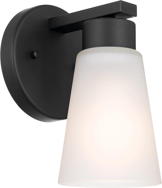 Kichler Stamos Wall Sconce 1-Light with Satin Etched Glass, Modern Bathroom or Hallway Light in Black, (8" H x 5" W x 6" D)