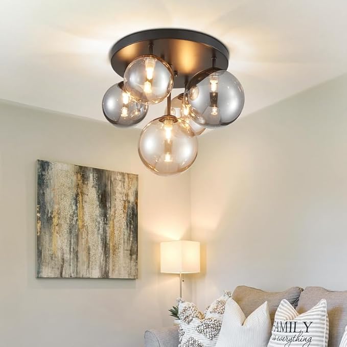AGV LIGHTING Flush Mount Ceiling Light Fixture, Modern Bubble Glass Ceiling Light with Black Metal Frame, 5-Light G9 Base Black Ceiling Lamp for Bedroom Living Room Kitchen Dining Room