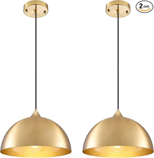 Gold-Electroplated Industrial Pendant Light 11.8inches 2 Packs,Mental Hanging Light Fixtures for Kitchen Island,Dome Pendant Light,Ceiling Light Fixtures for Restaurant Dining Room Aisle