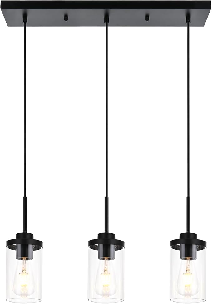 Pendant Lights Fixtures with Clear Glass Black Kitchen Light fixtures 3-Lights Hanging Light for Kitchen Island Dining Room Height Adjustable