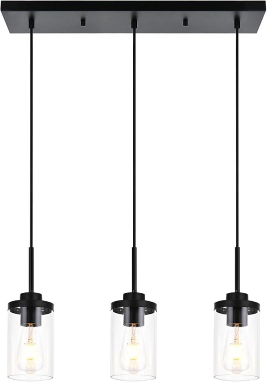 Pendant Lights Fixtures with Clear Glass Black Kitchen Light fixtures 3-Lights Hanging Light for Kitchen Island Dining Room Height Adjustable