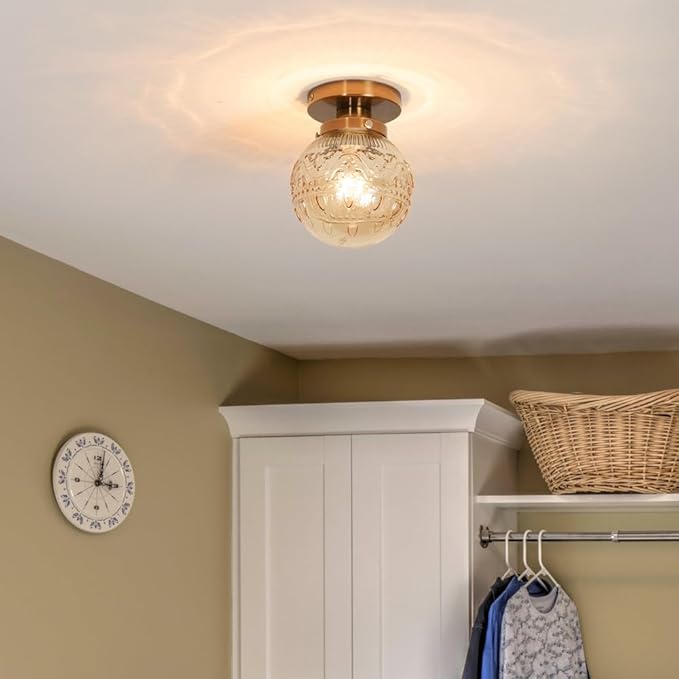 Daunton Semi Flush Mount Ceiling Light, Gold Vintage Kitchen Ceiling Lighting Fixture, Amber Globe Glass Close to Ceiling Light, Modern Hallway Lighting for Bathroom Bedroom Corridor Entryway