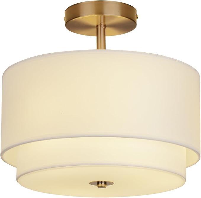 Gold Light Fixtures Ceiling Mount,12.6'' Semi Flush Mount Ceiling Light Fixtures,Nursery Light Fixture with 2-Layer White Shade,Modern Drum Ceiling Lights for Bedroom,Living Room,Hallway