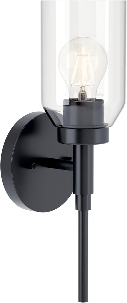 Kichler Madden 1-Light Wall Sconce Modern Bathroom Light Fixture with Clear Glass in Black, Sloped Ceiling Compatible for Bathroom or Hallway (14.75" x 5"), 55183BK