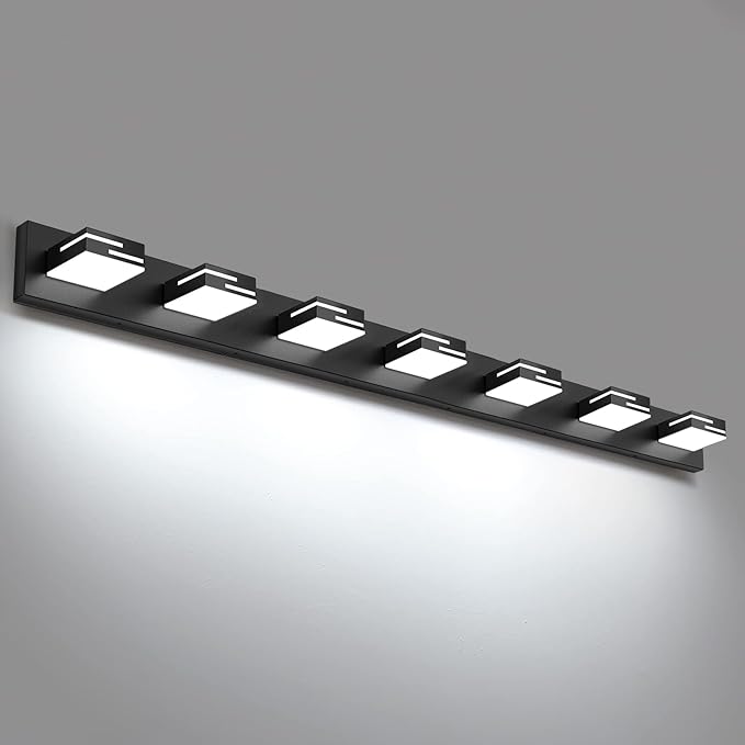 LED Modern Bathroom Vanity Light Fixtures, 7-Light 48-inch Dimmable Matte Black Vanity Lights for Bathroom Lighting Fixtures Over Mirror, with 360° Rotatable Acrylic Heads (Cool White 6000K)