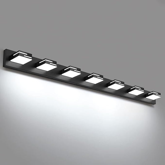 LED Modern Bathroom Vanity Light Fixtures, 7-Light 48-inch Dimmable Matte Black Vanity Lights for Bathroom Lighting Fixtures Over Mirror, with 360° Rotatable Acrylic Heads (Cool White 6000K)