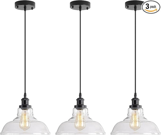 GLADFRESIT 3 Packs Industrial Pendant Lights, Vintage Hanging Light Over Table, Clear Dome Glass Lampshade, Black Lamp Head and Base, Adjustable Hanging Height Lighting Fixtures