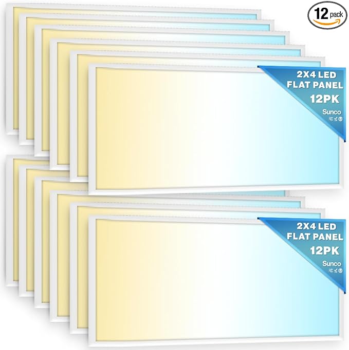 Sunco 12 Pack 2x4 LED Flat Panel Light Drop Ceiling Office Fixture, 6500 LM, Selectable Features, 30W/40W/50W, 4000K/5000K/6000K, Dimmable (0-10V), Surface or Suspension Mount, Dustproof ETL