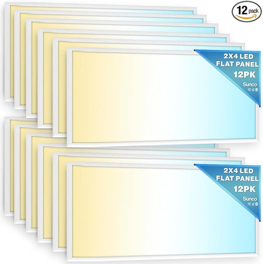 Sunco 12 Pack 2x4 LED Flat Panel Light Drop Ceiling Office Fixture, 6500 LM, Selectable Features, 30W/40W/50W, 4000K/5000K/6000K, Dimmable (0-10V), Surface or Suspension Mount, Dustproof ETL