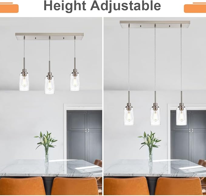 TODOLUZ Industrial Pendant Lighting, 3-Lights Adjustable Height Hanging Light Fixtures with Seeded Glass Shade, Brushed Nickel Kitchen Island Ceiling Light for Living Room Foyer