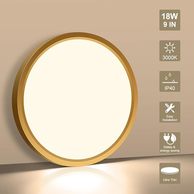 9 Inch LED Flush Mount Ceiling Light Fixture, 3000K Warm White, Low Profile Gold Light Fixture, 18W 1800LM, Round Flat LED Ceiling Light for Closets Bedroom Hallway Stairwells Porch