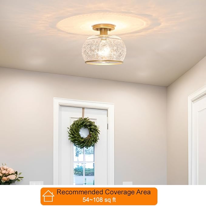 Gold Semi-Flush Mount Ceiling Light with Globe Glass – Vintage Ceiling Lighting for Hallway, Kitchen, Entryway, Bathroom & Closet