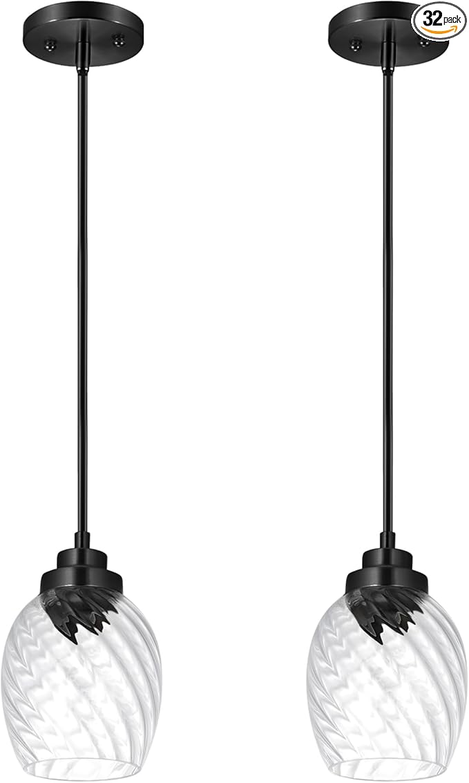 Glass Pendant Lights Kitchen Island,Twisted Clear Glass Treatment Pendant Light,Modern Hanging Light for Kitchen Sink Dining Room Bedroom, E26 (Black, 2pack)