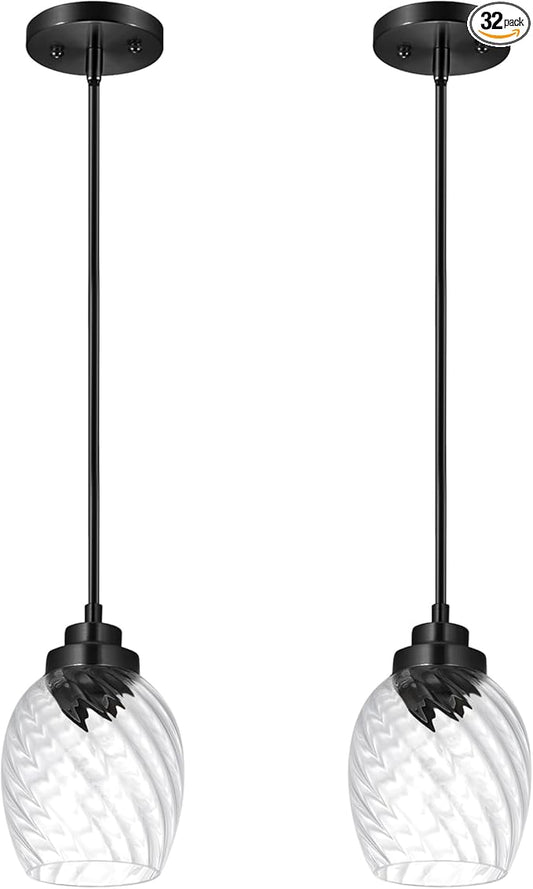 Glass Pendant Lights Kitchen Island,Twisted Clear Glass Treatment Pendant Light,Modern Hanging Light for Kitchen Sink Dining Room Bedroom, E26 (Black, 2pack)