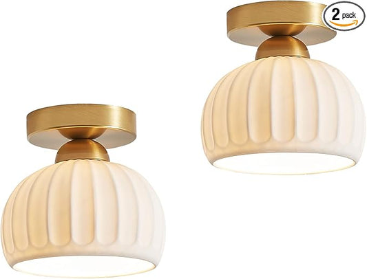 2 Pack Ceramic Gold Semi Flush Mount Ceiling Light Vintage Hallway Light Fixtures, Modern Small Ceiling Mount Light Lamp for Hall Kitchen Entryway Passway Porch Foyer