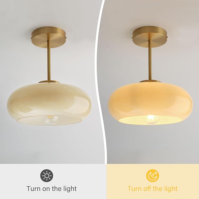 Mid Century Ceiling Light Fixtures Milk Glass Ceiling Lights Round Milk Yellow Shade Gold Brass Semi Flush Mount Ceiling Light Globe Glass Ceiling Lamp for Hallway Dining Room Kitchen